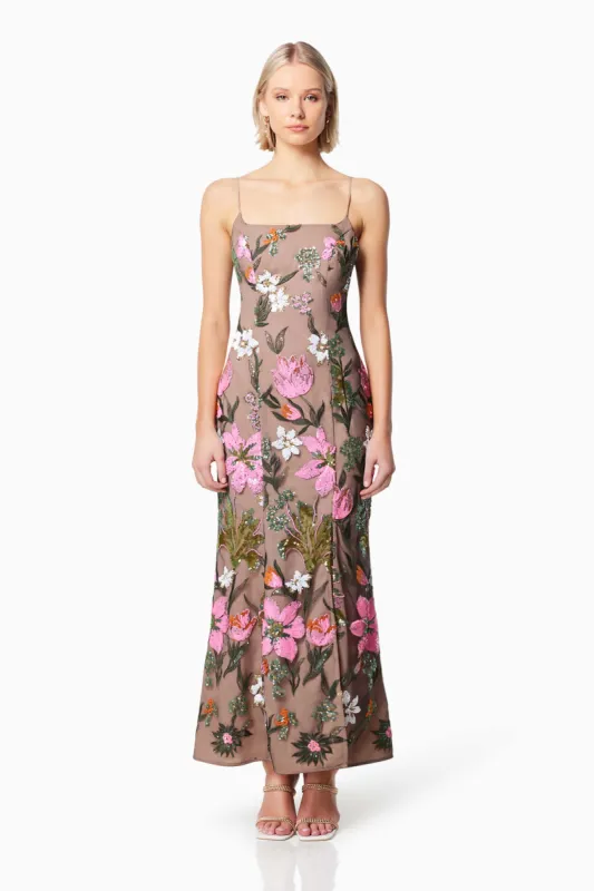Mesmerize Floral Sequin Maxi Dress In Brown sold by Elliatt