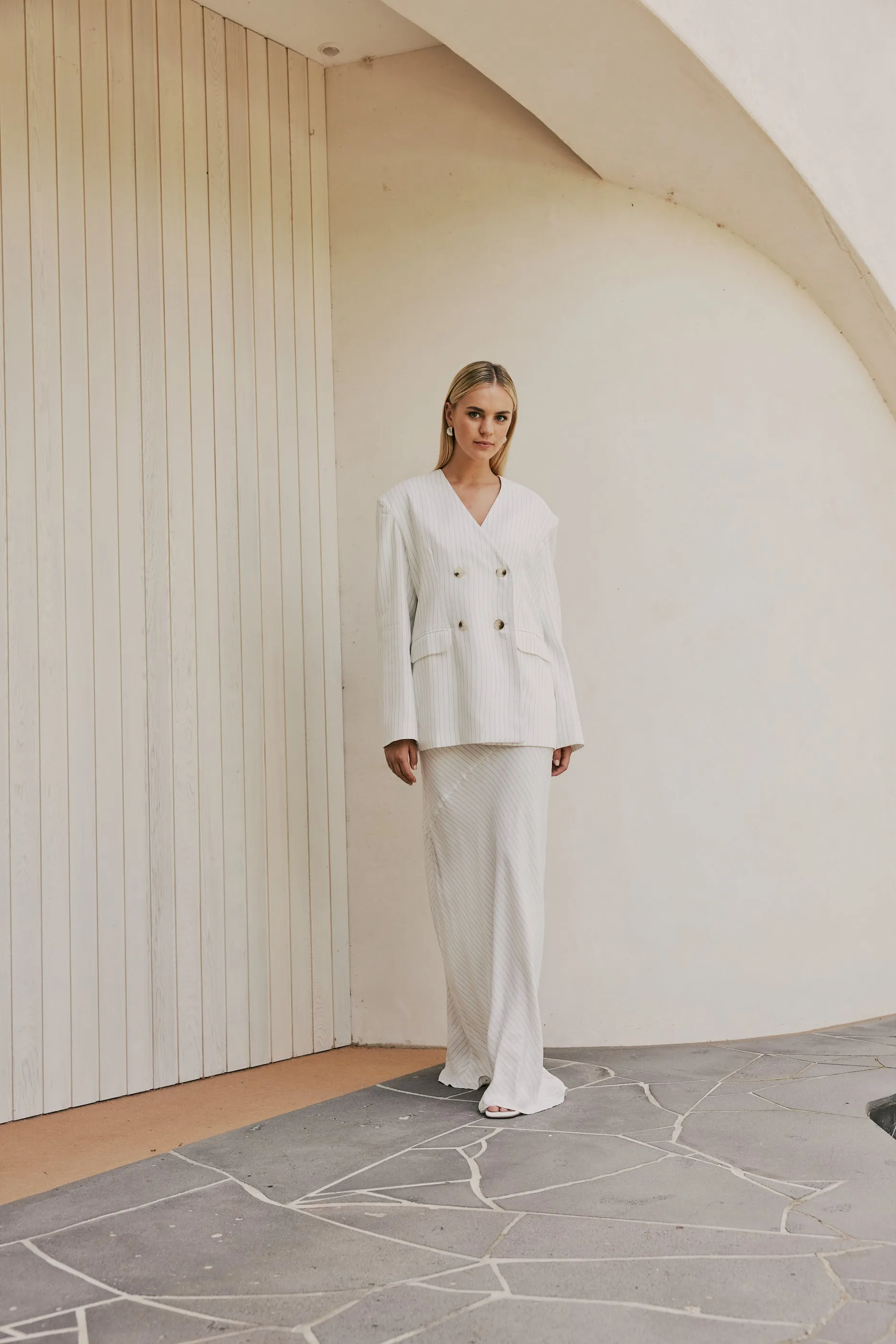 CURAAE Harper Oversized Double Breasted Pinstripe Blazer In White sold by Elliatt product image thumbnail 2