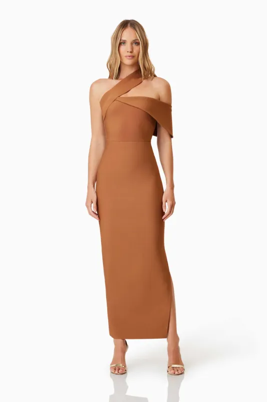 Riley Fitted Maxi Dress In Brown sold by Elliatt