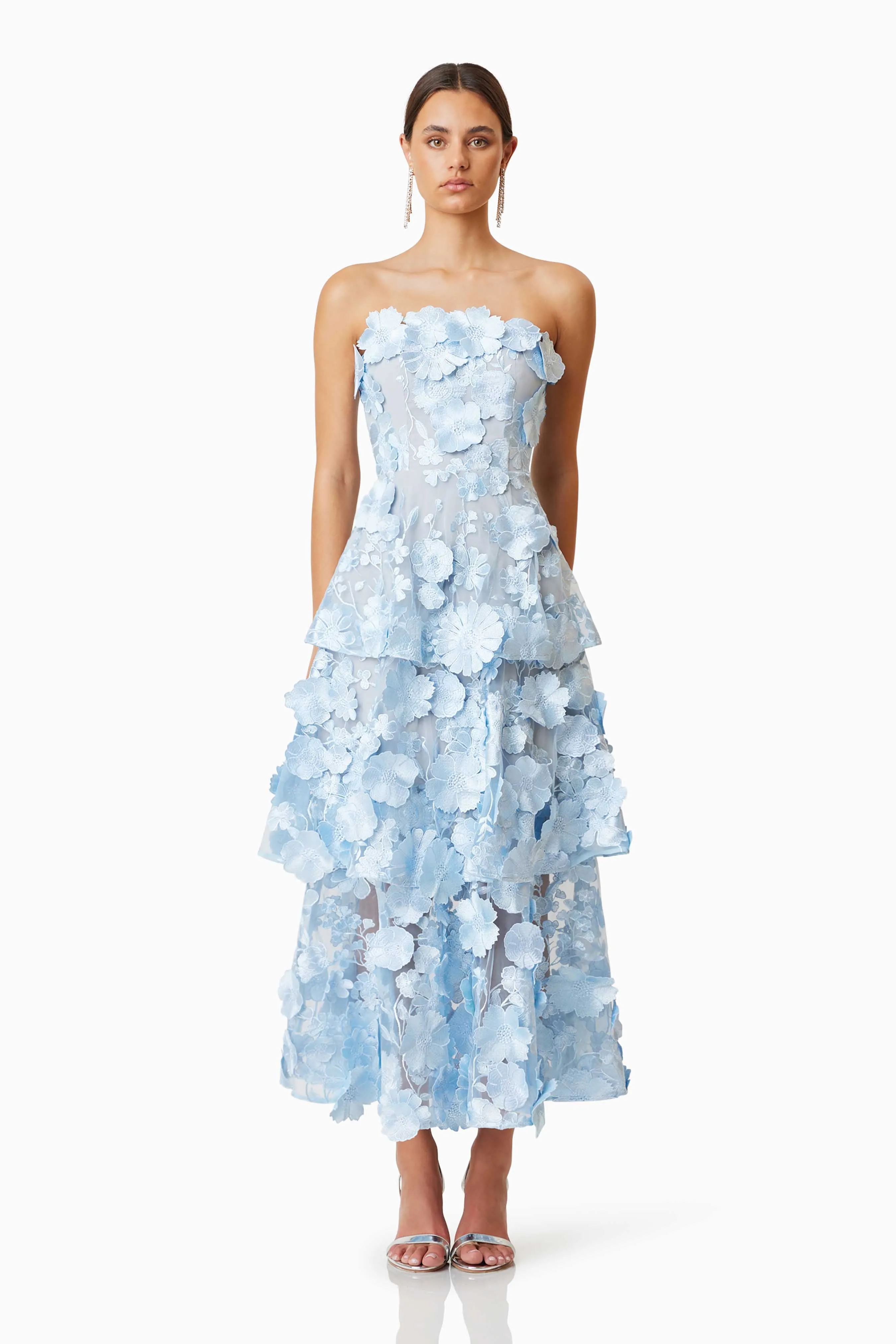 Selene Maxi Tiered 3D Dress In Blue sold by Elliatt