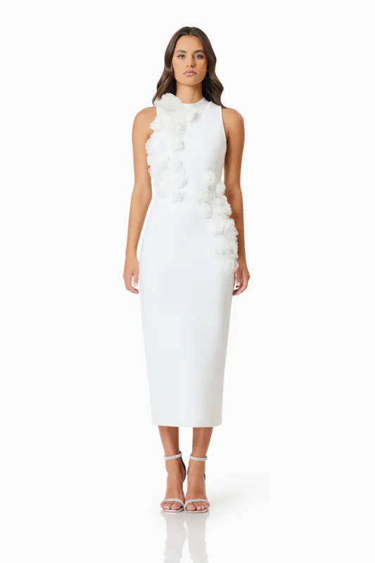 OMR x ELLIATT: Whitetail 3D Floral Midi Dress In White sold by Elliatt