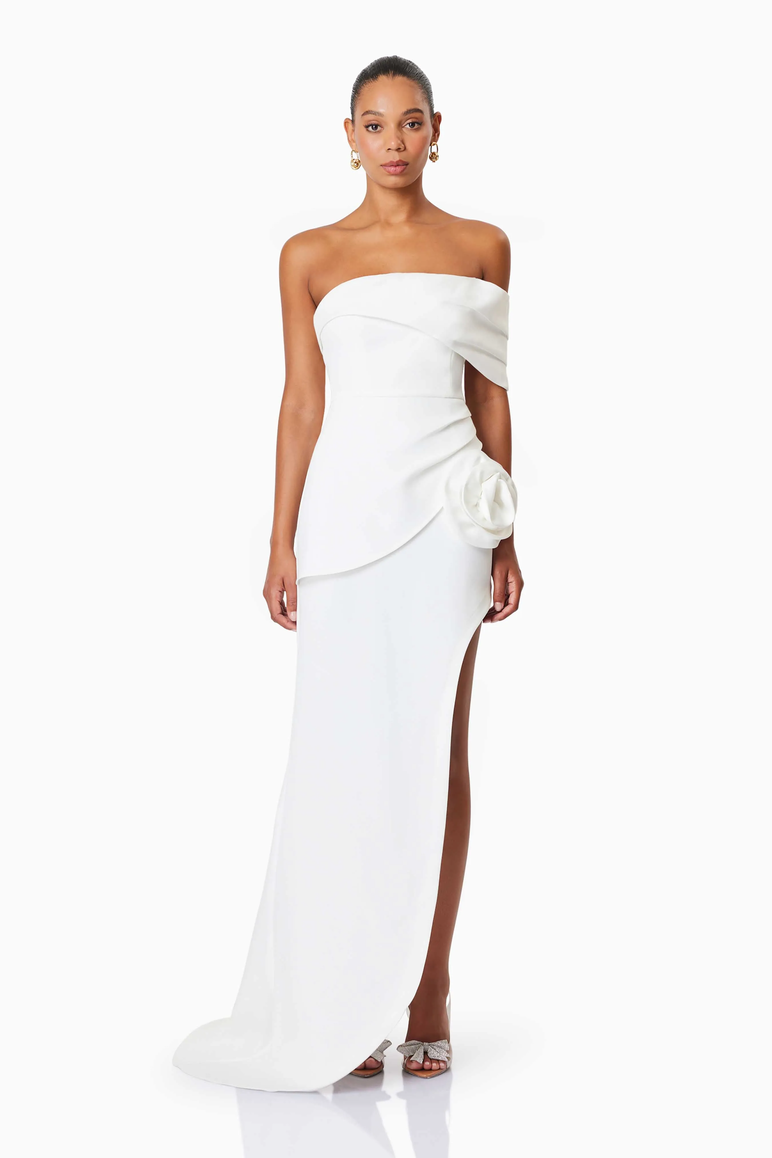 Bethany Off The Shoulder Maxi Gown In White sold by Elliatt