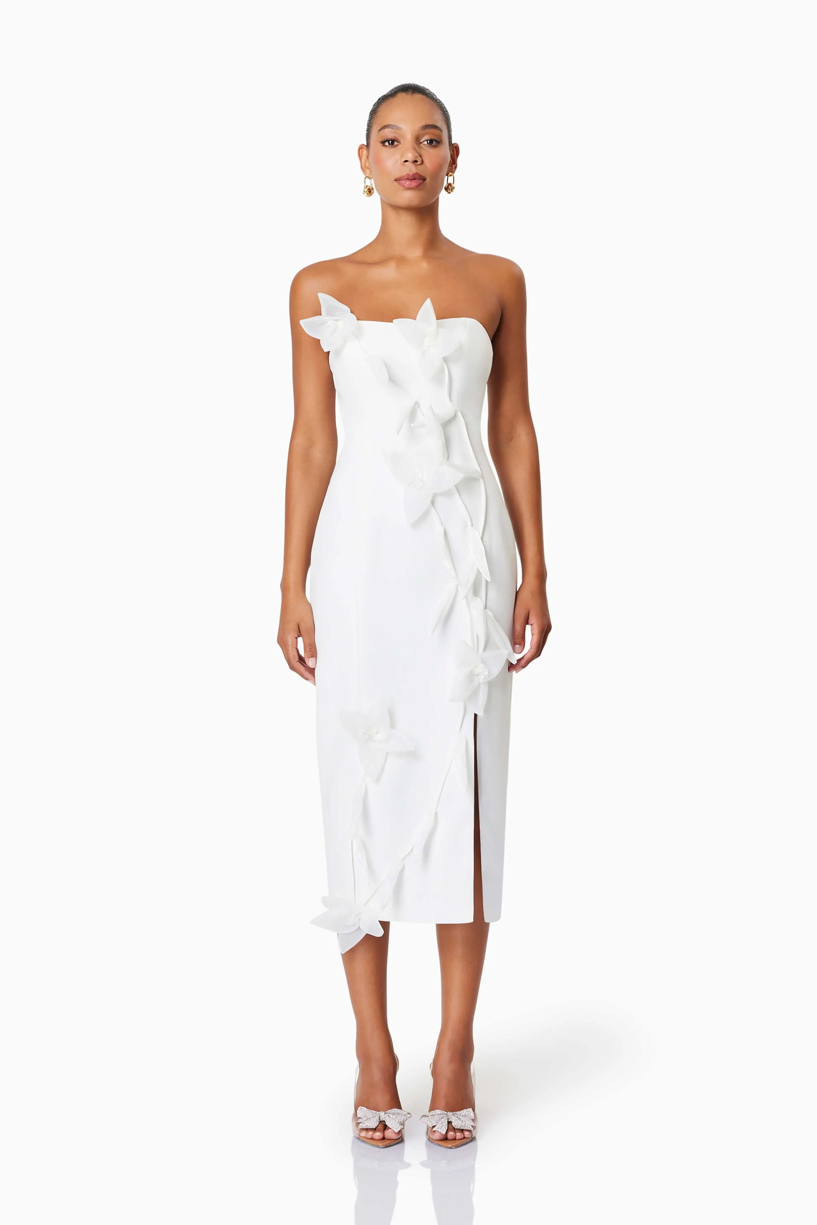 Bethany Strapless Floral Midi Dress In White sold by Elliatt