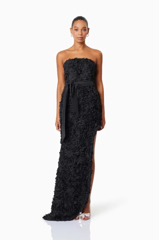 Megan Strapless Maxi Gown In Black sold by Elliatt