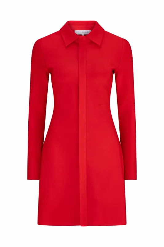 CURAAE Elodie Long Sleeve Shirt Mini Dress In Cherry Red sold by Elliatt