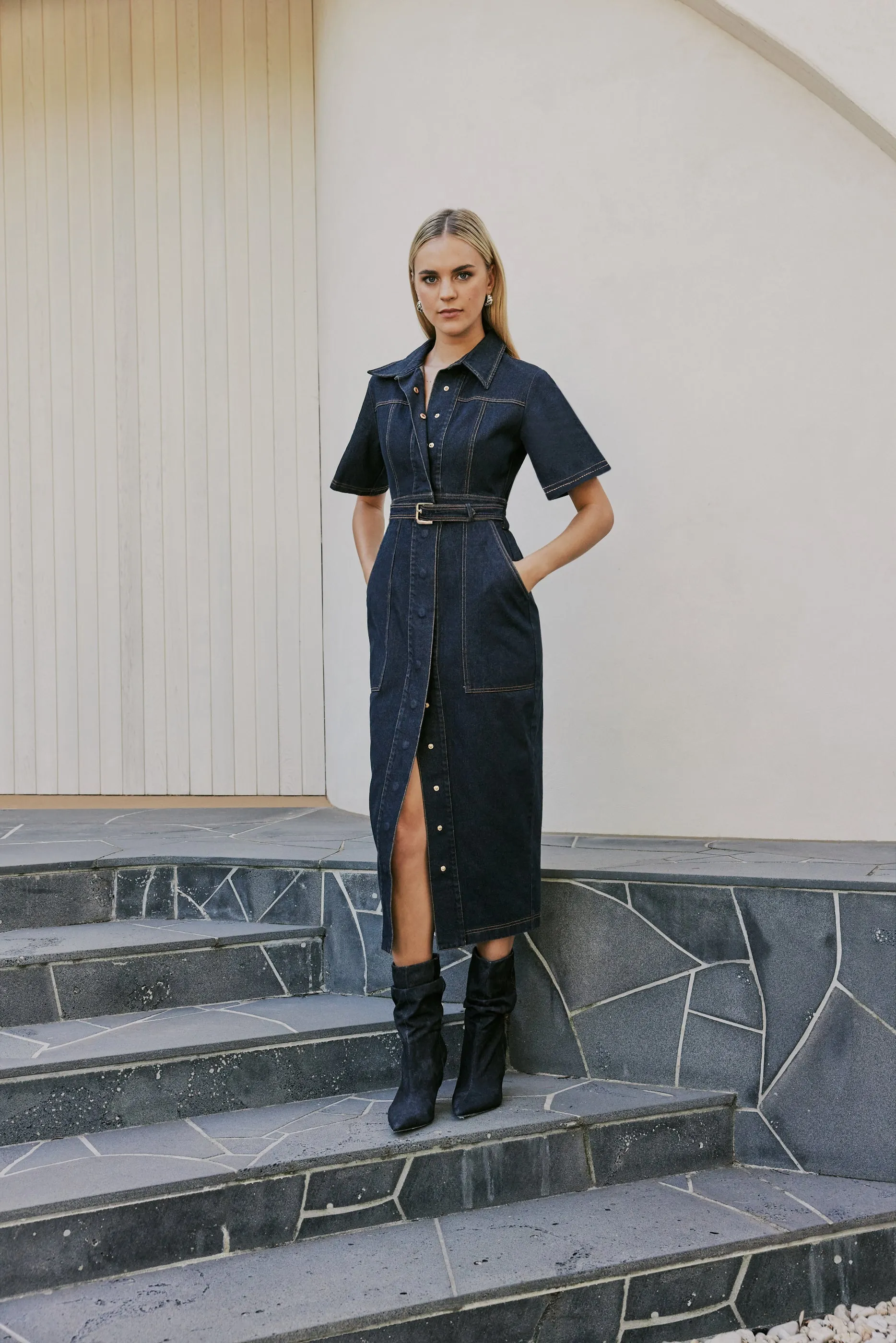 CURAAE Elysia Midi Shirt Belt Denim Dress sold by Elliatt product image thumbnail 5