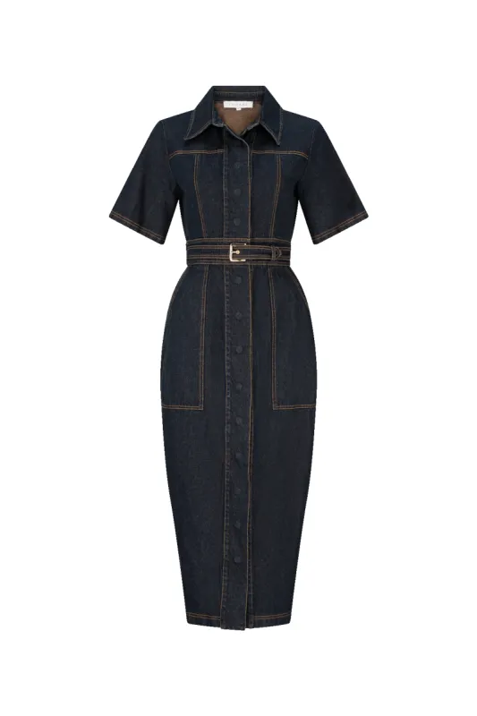 CURAAE Elysia Midi Shirt Belt Denim Dress sold by Elliatt
