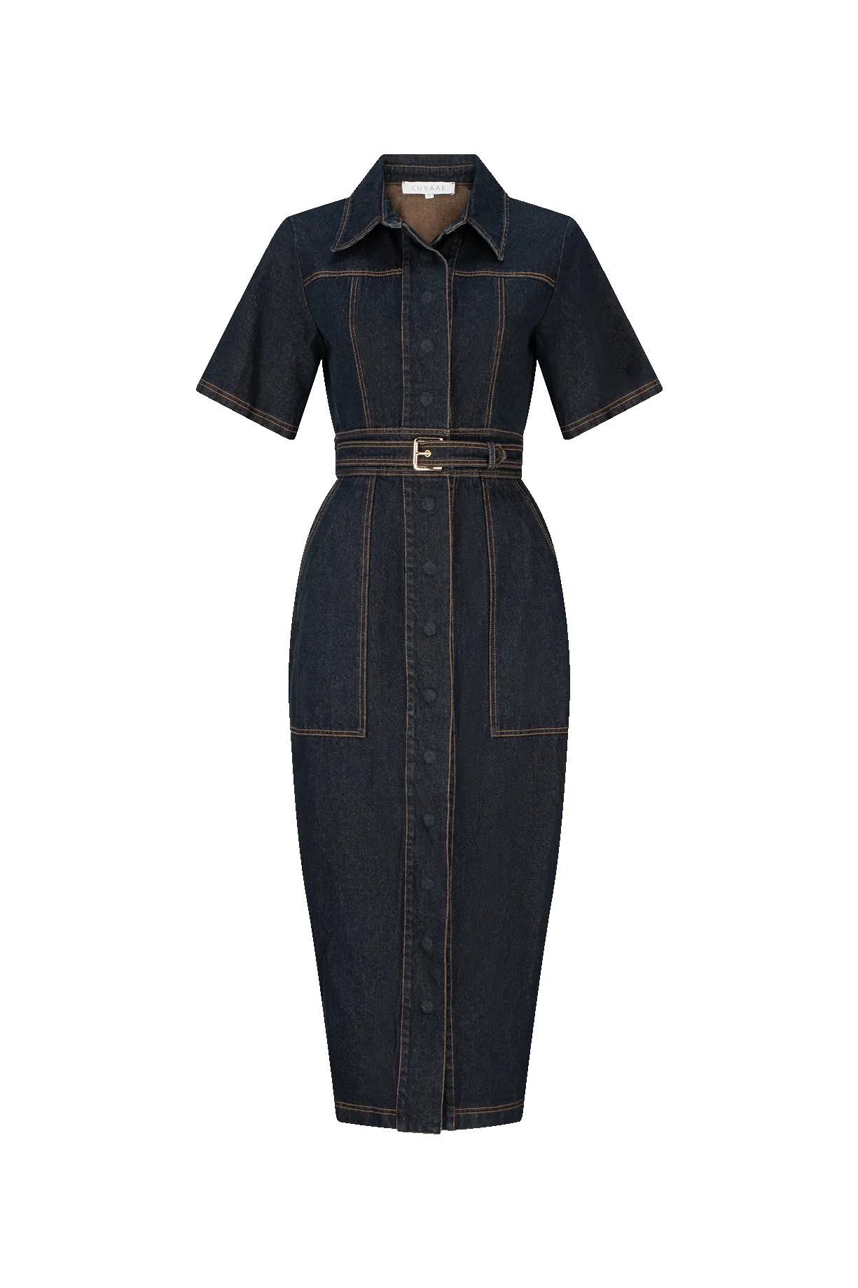 CURAAE Elysia Midi Shirt Belt Denim Dress sold by Elliatt