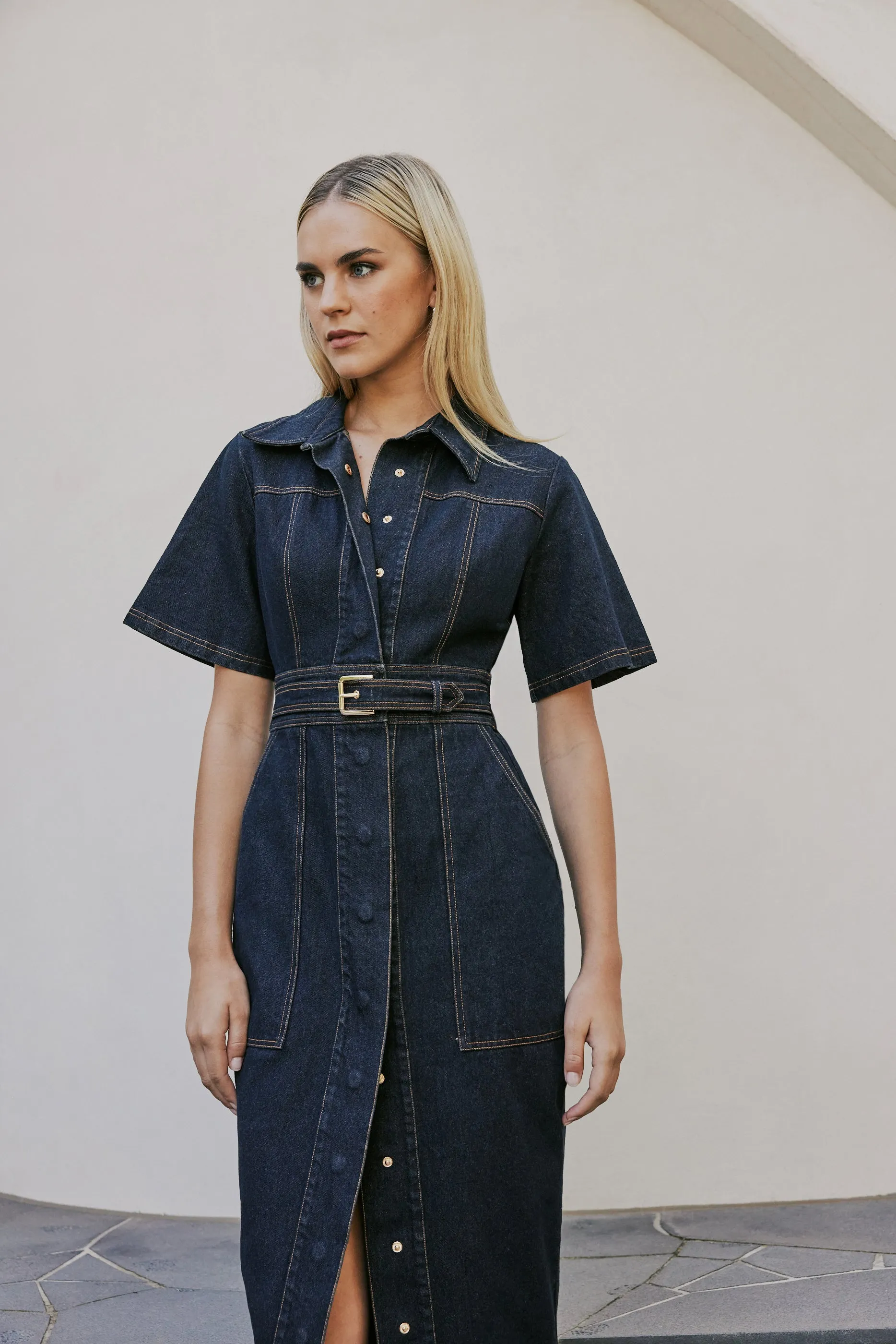 CURAAE Elysia Midi Shirt Belt Denim Dress sold by Elliatt product image thumbnail 2
