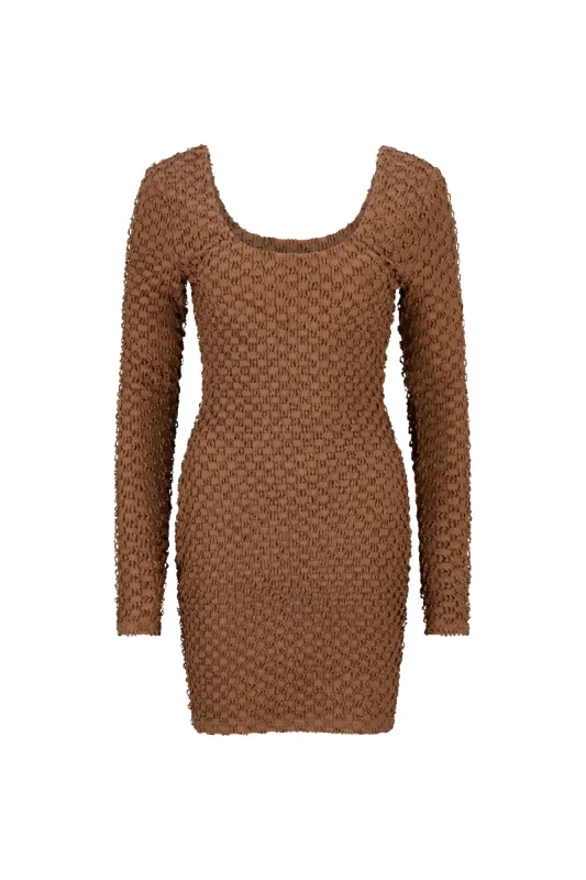 CURAAE Avery Long Sleeve Textured Fitted Scoop Mini Dress In Brown sold by Elliatt