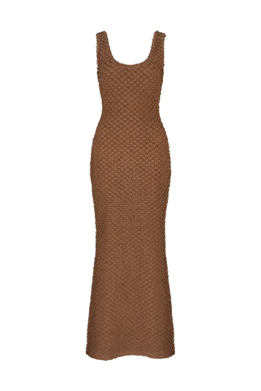 CURAAE Quinn Textured Mermaid Flared Tank Maxi Dress In Coco sold by Elliatt