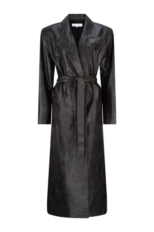 CURAAE Cameron Vegan Leather Fabric Tie Trench Coat In Chestnut sold by Elliatt