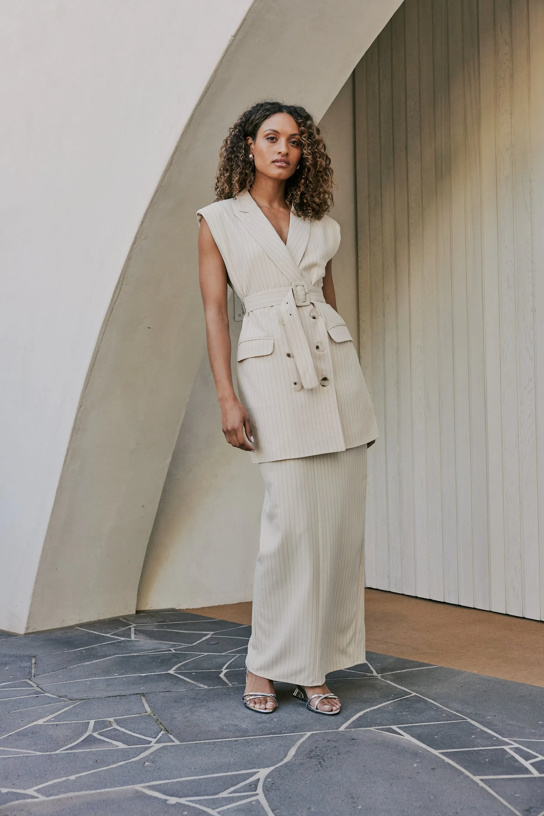 CURAAE Aveline Pinstripe Maxi Skirt In Beige sold by Elliatt product image thumbnail 4