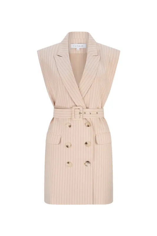 CURAAE Solene Vest Pinstripe Mini Dress in Beige sold by Elliatt