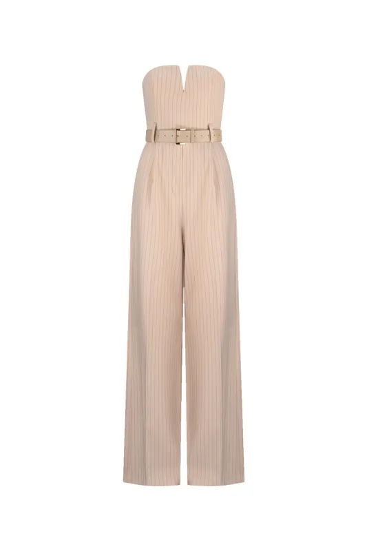 CURAAE Seraphina Tailored Pinstripe Jumpsuit In Beige sold by Elliatt
