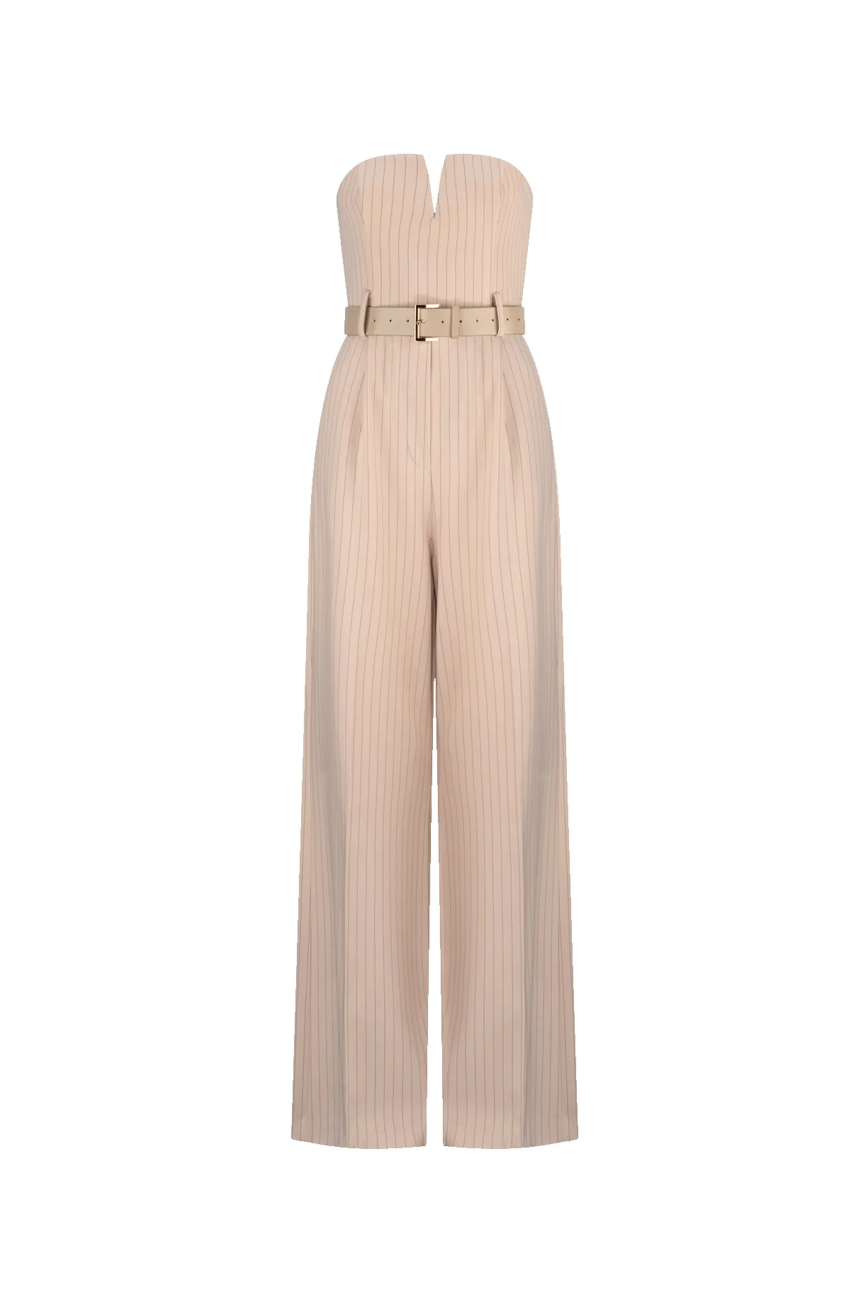 CURAAE Seraphina Tailored Pinstripe Jumpsuit In Beige sold by Elliatt