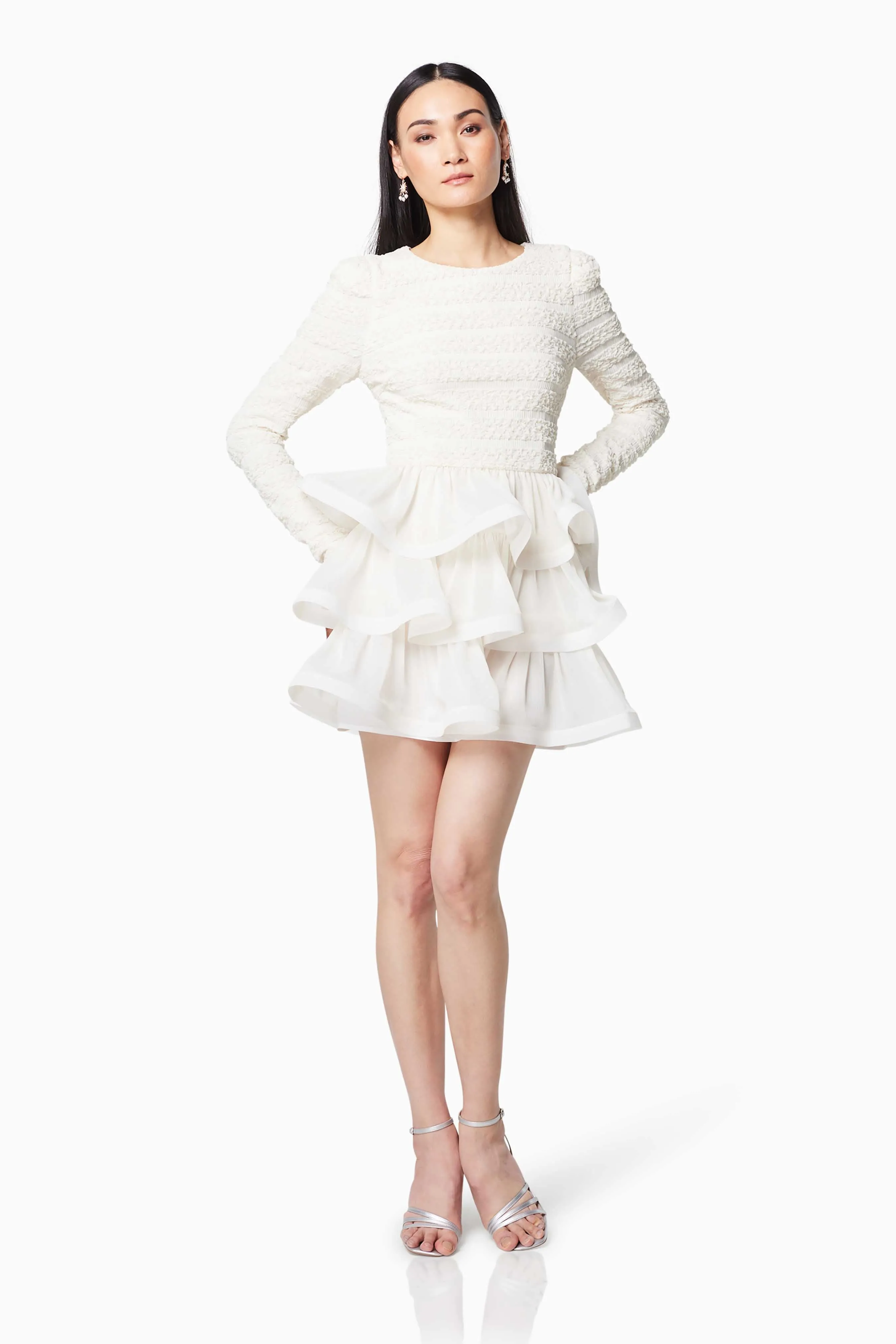 Sophisticate Ruffled Long Sleeved Mini Dress In White sold by Elliatt product image thumbnail 4
