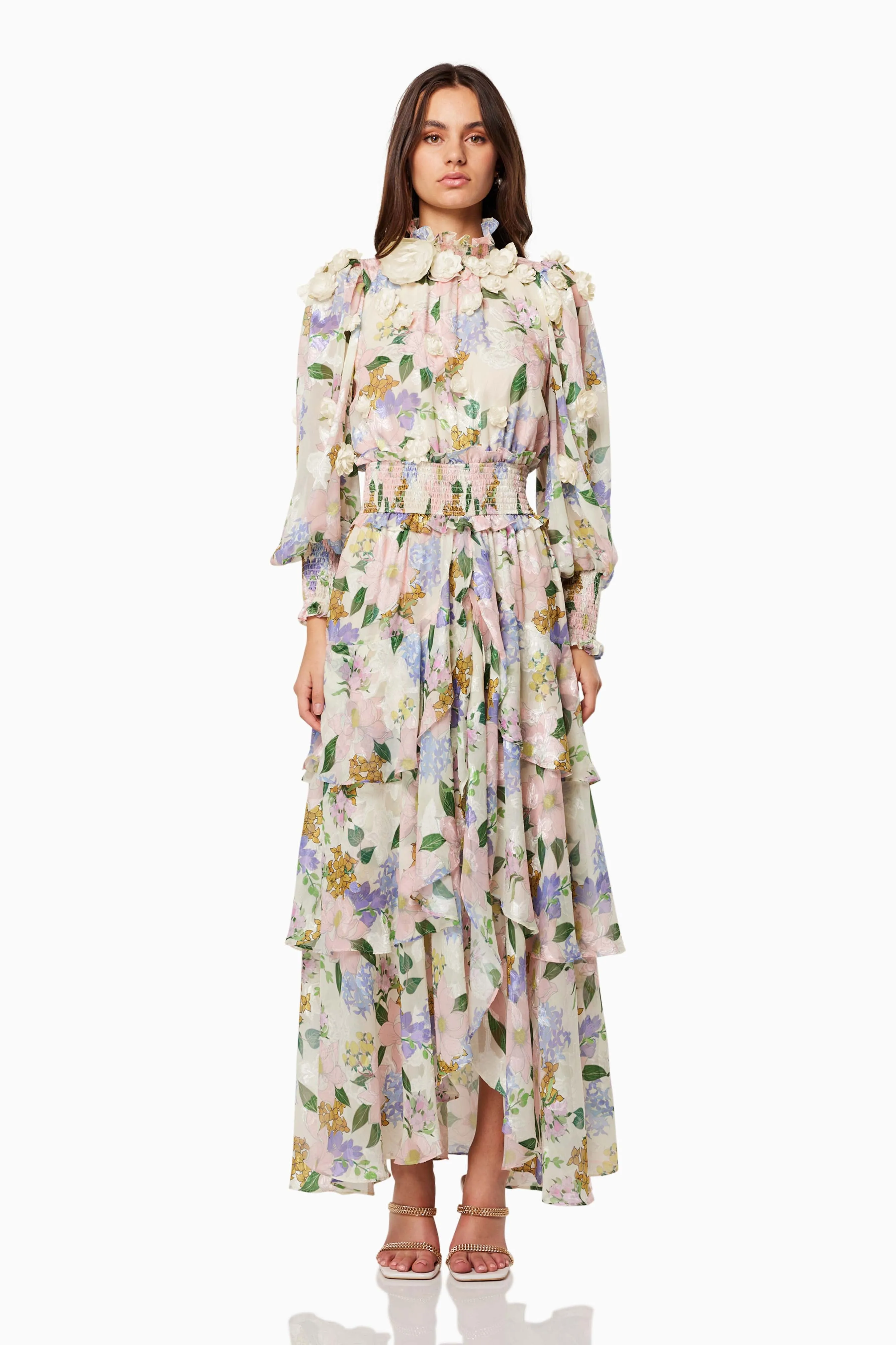 Delfina Ruffled Maxi Dress In Pink sold by Elliatt