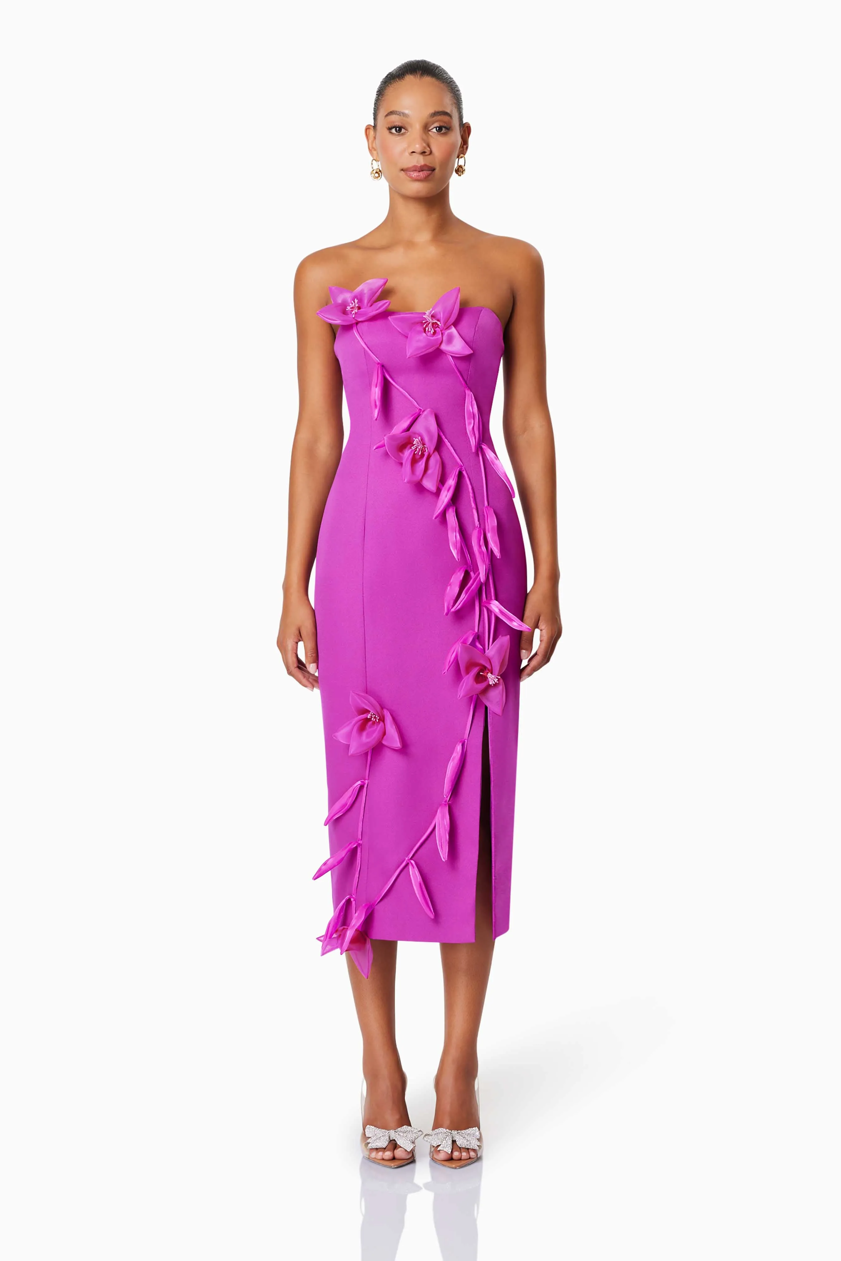 Bethany Strapless Floral Midi Dress In Purple sold by Elliatt