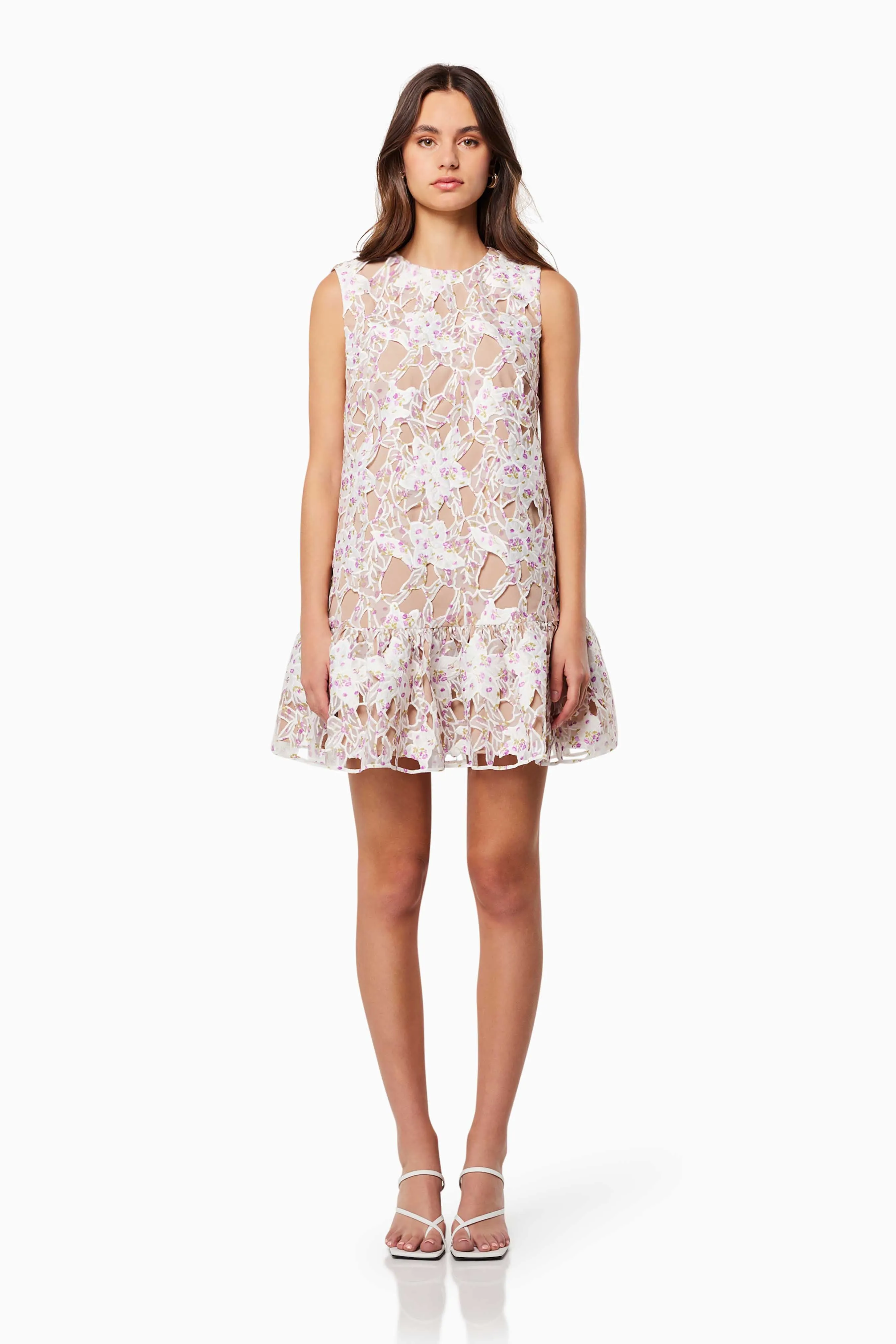 Heartbeat Printed Broderie Lace Dress In Purple sold by Elliatt