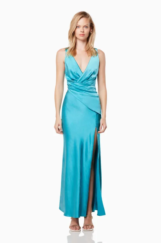 Junia Wrapped Neckline Maxi Dress In Blue sold by Elliatt