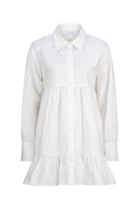 CURAAE Eloise Tiered Shirt Dress in White sold by Elliatt