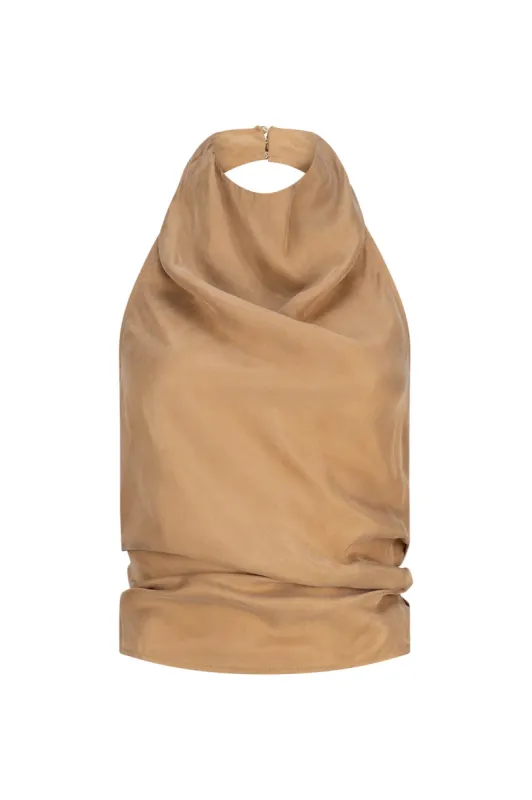CURAAE Amber Tie Back Halter Cowl Neck Top in Beige sold by Elliatt