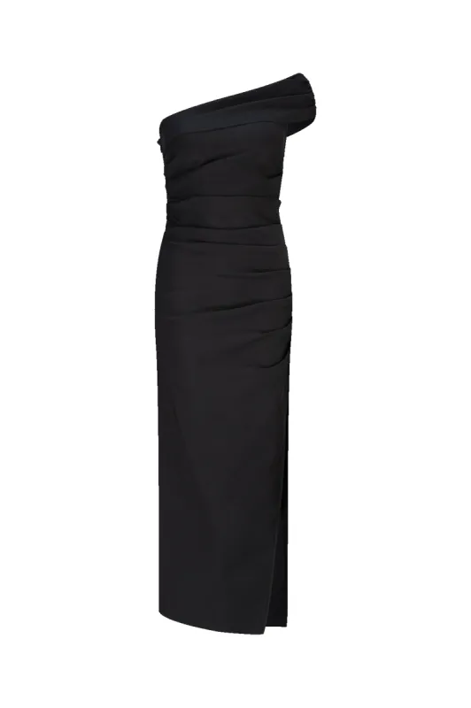 CURAAE Blaire One Shoulder Midi Dress in Black sold by Elliatt