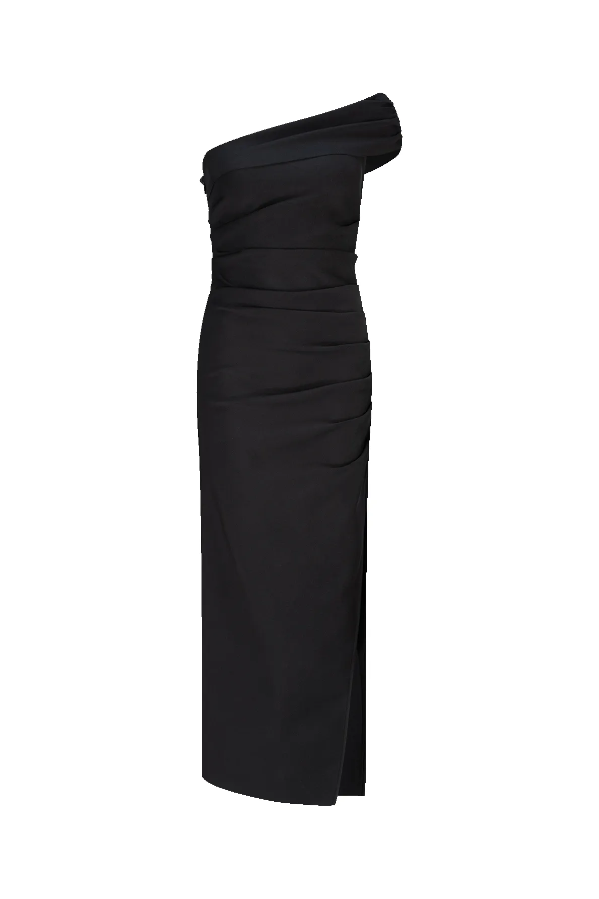 CURAAE Blaire One Shoulder Midi Dress in Black sold by Elliatt
