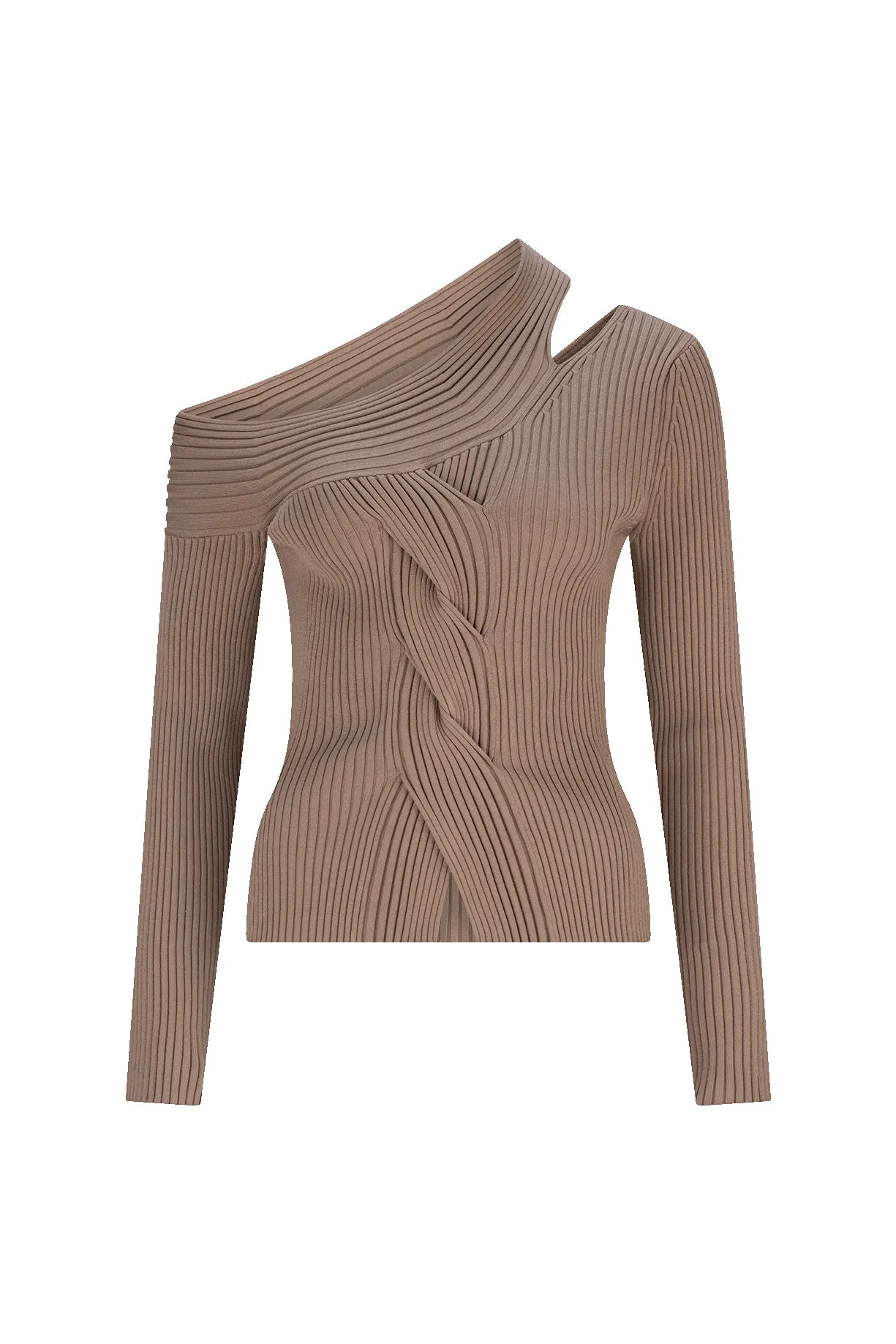 CURAAE Luna Long Sleeve Ribbed One Shoulder Cut Out Braided Top In Tan sold by Elliatt