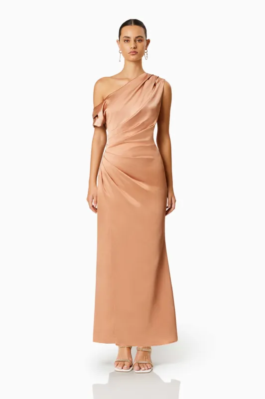 Retreat One Shoulder Satin Maxi Dress sold by Elliatt