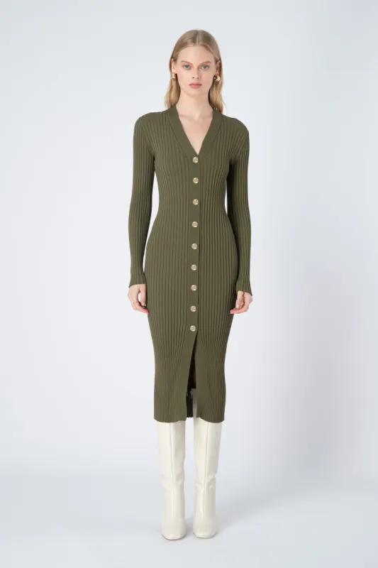 Noel Long Sleeve Rib Knit Midi Dress in Green sold by Elliatt