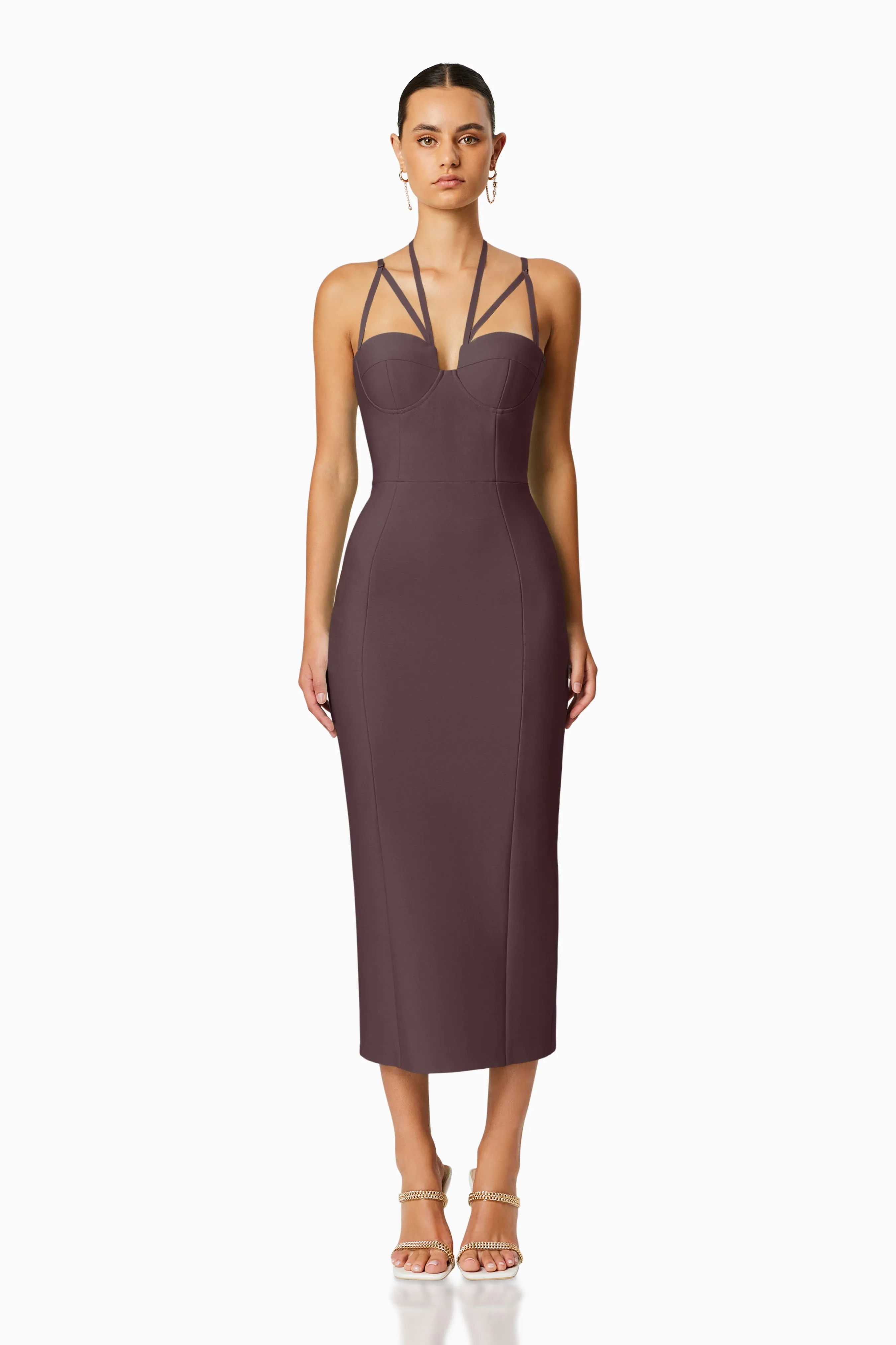Orchid Bodycon Midi Dress in Brown sold by Elliatt