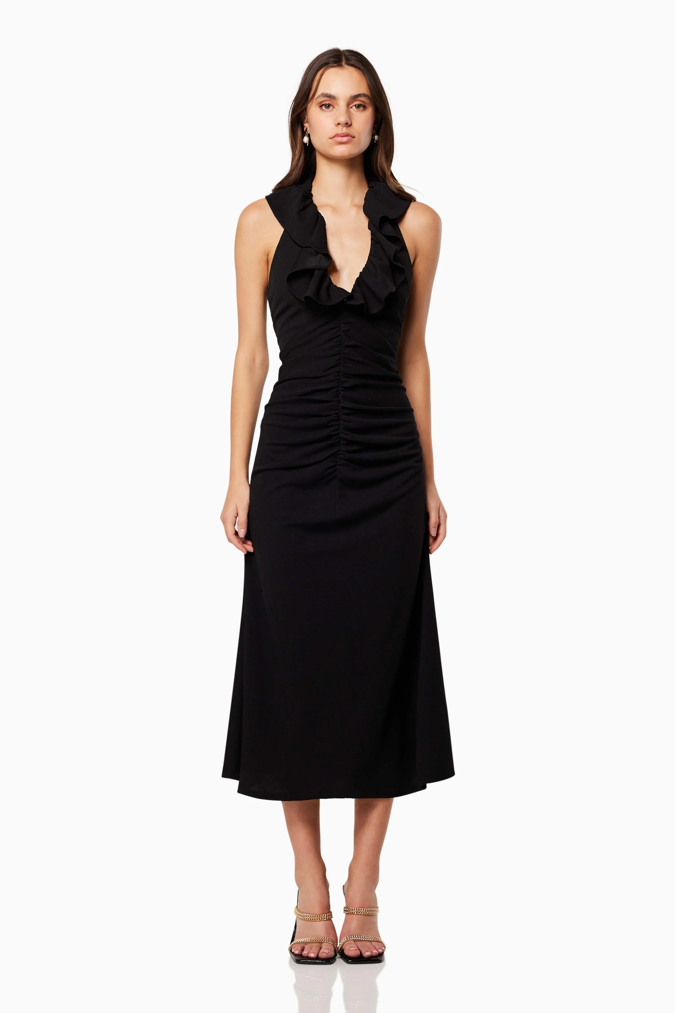 Zaina Plunge Midi Dress in Black sold by Elliatt