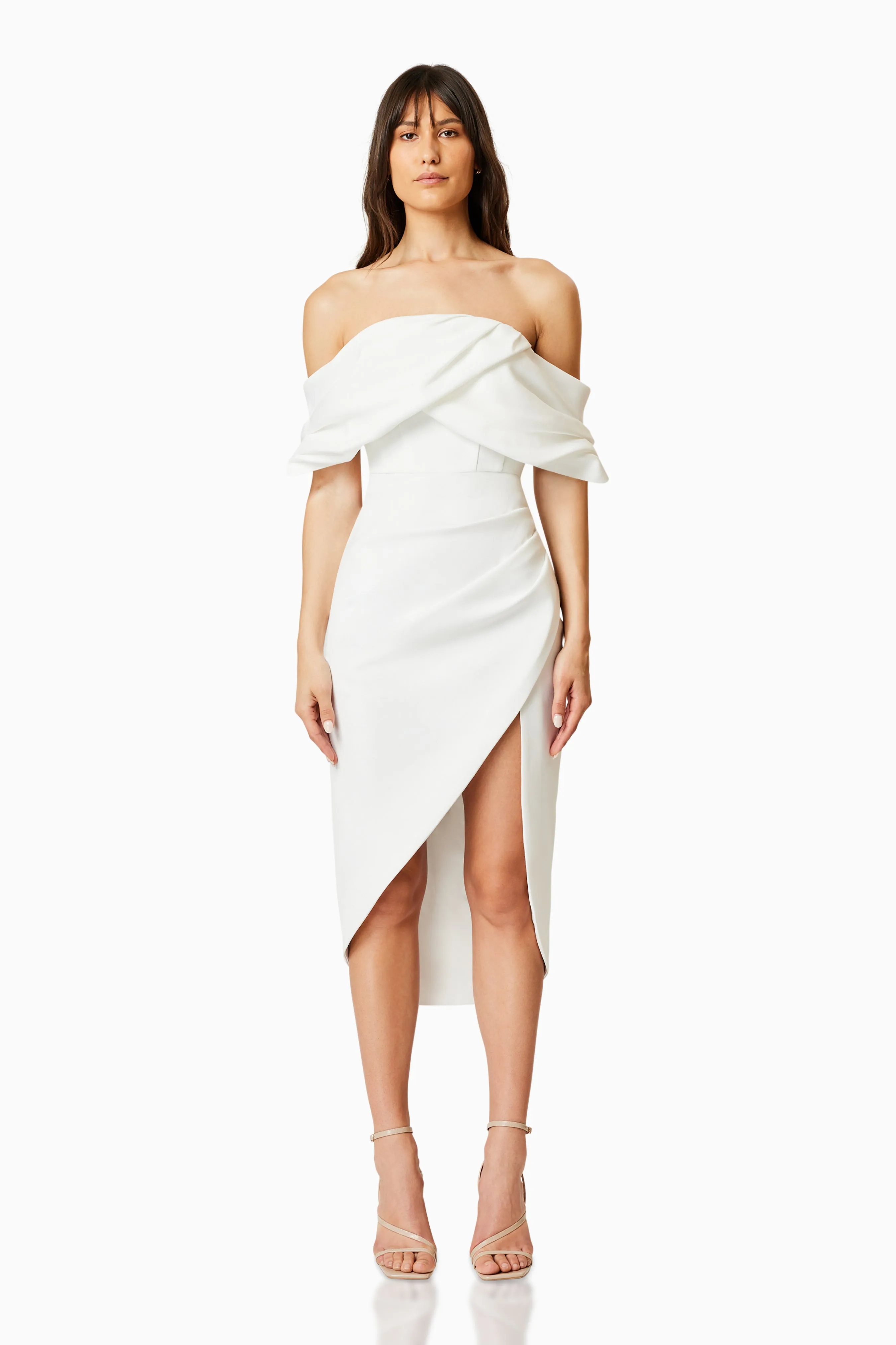 March Off The Shoulder Midi Dress in White sold by Elliatt