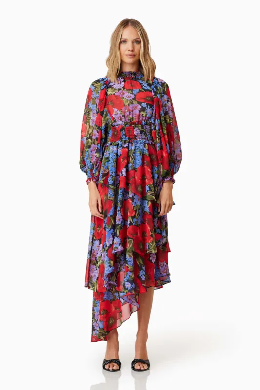 Thea Long Sleeve Floral Midi Dress in Red sold by Elliatt