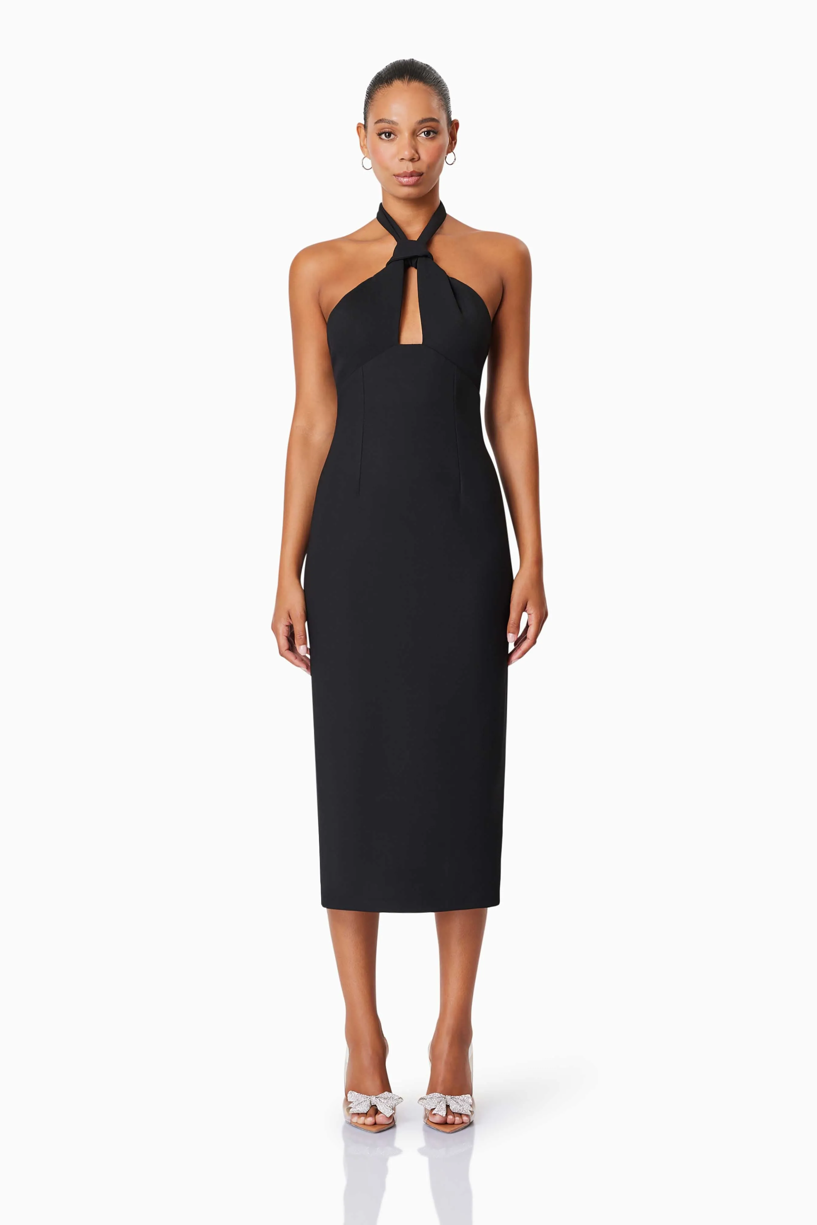 Victoria Bodycon Fitted Midi Dress in Black sold by Elliatt