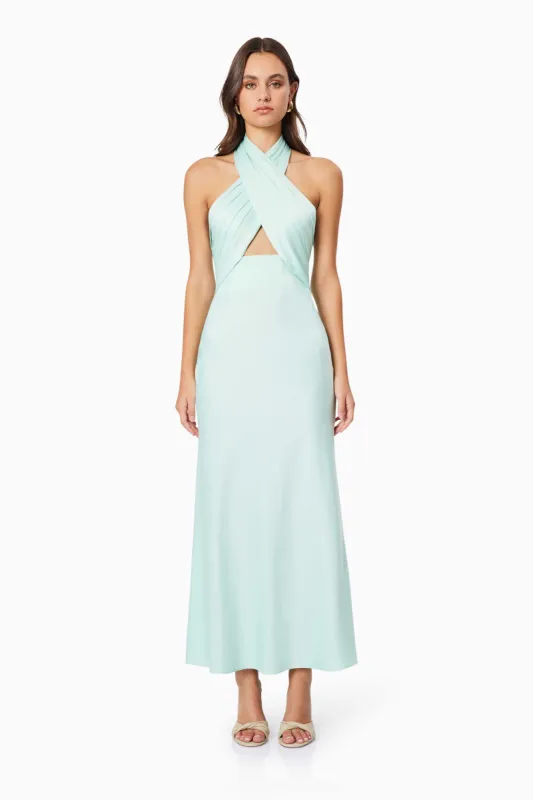 Aria Halter Satin Maxi Dress in Blue sold by Elliatt