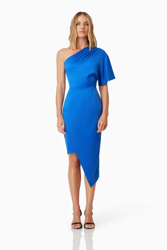 Chiara Assymetrical Satin Midi Dress in Blue sold by Elliatt