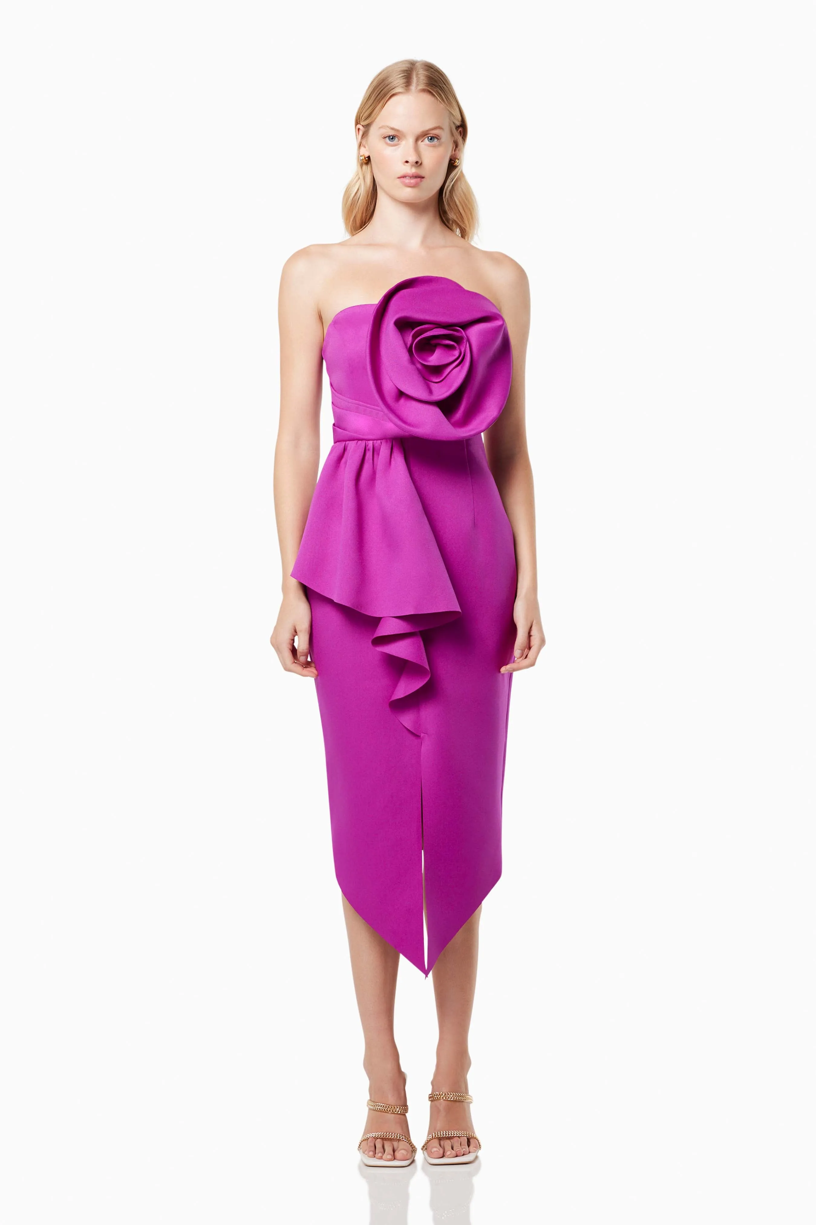 Bowie 3D Rosette Midi Dress In Purple sold by Elliatt