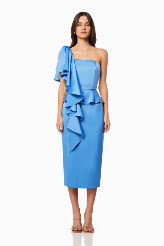 Laughter One Shoulder Midi Dress in Blue sold by Elliatt
