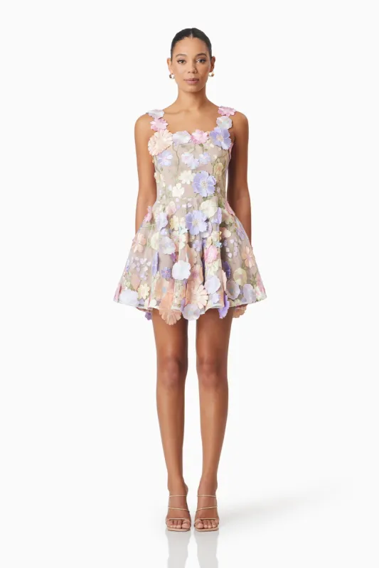 Moana Floral Embellished Mini Dress in Purple sold by Elliatt