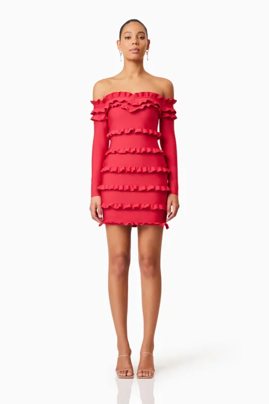 Kimberly Long Sleeve Frill Mini Dress in Red sold by Elliatt