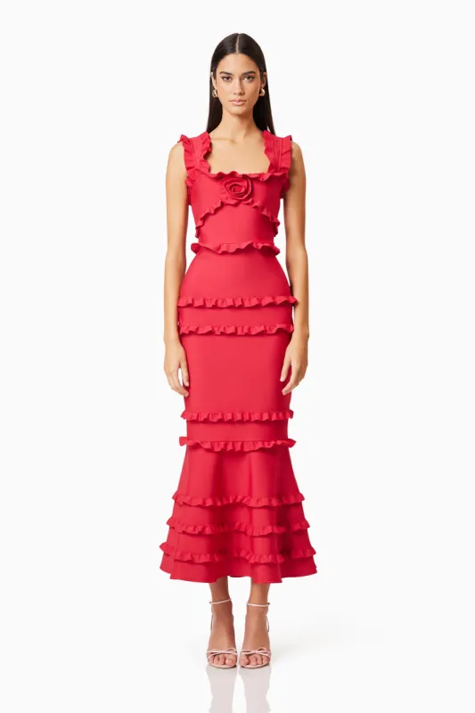 Kimberly Frill Maxi Dress in Red sold by Elliatt