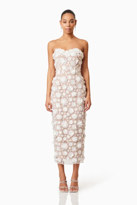 Bluebell Strapless 3D Midi Dress in White sold by Elliatt