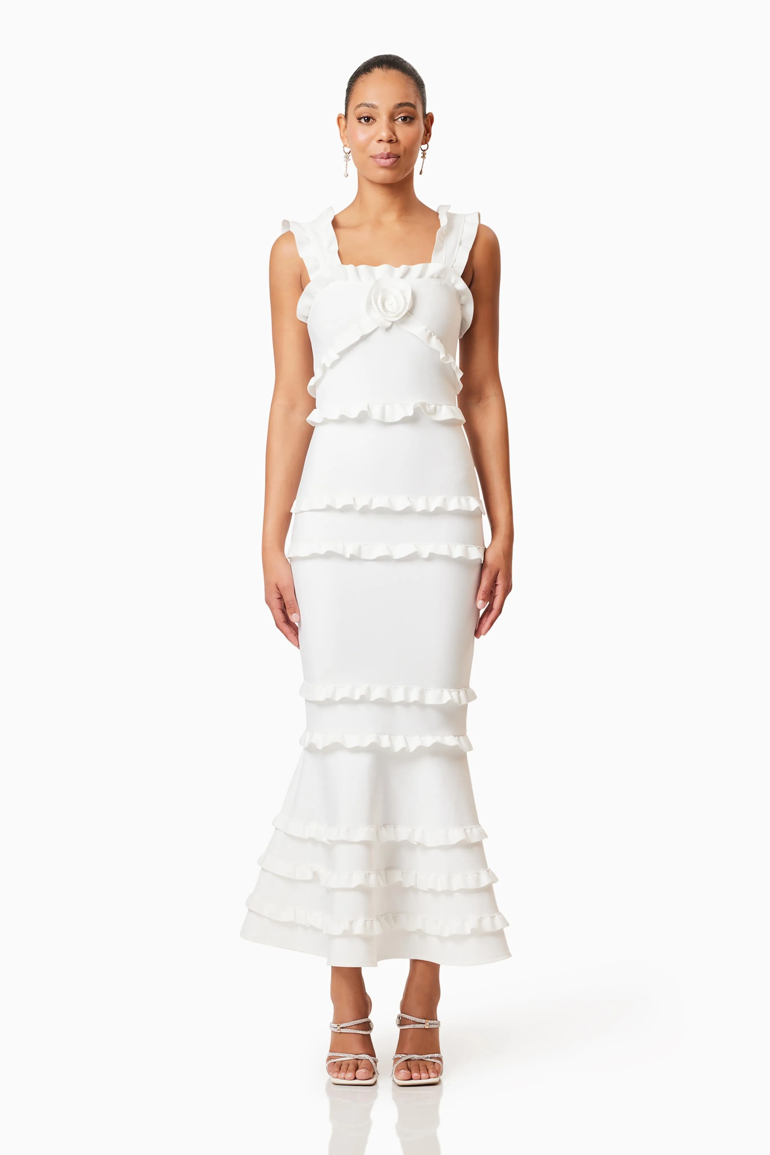 Kimberly Frill Maxi Dress in White sold by Elliatt