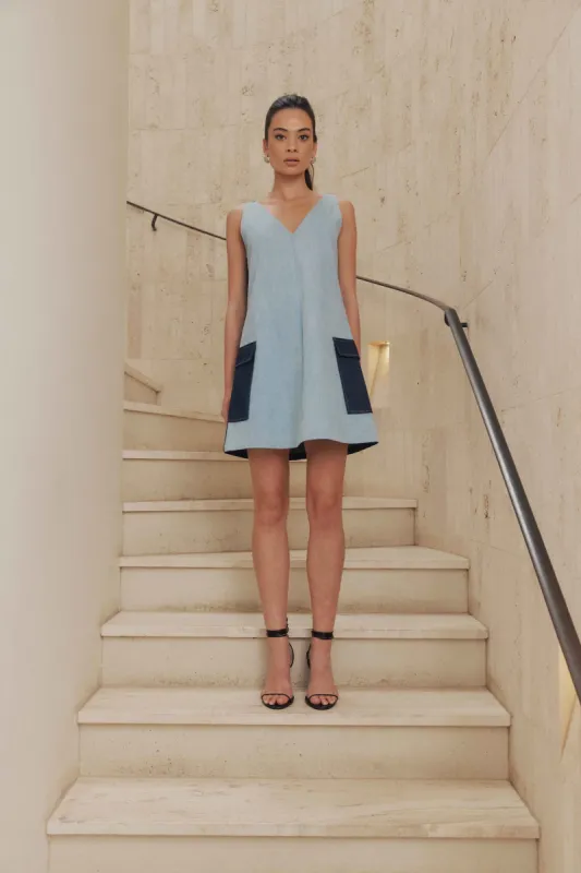 CURAAE Indiana Denim Shift Mini Dress in Blue sold by Elliatt