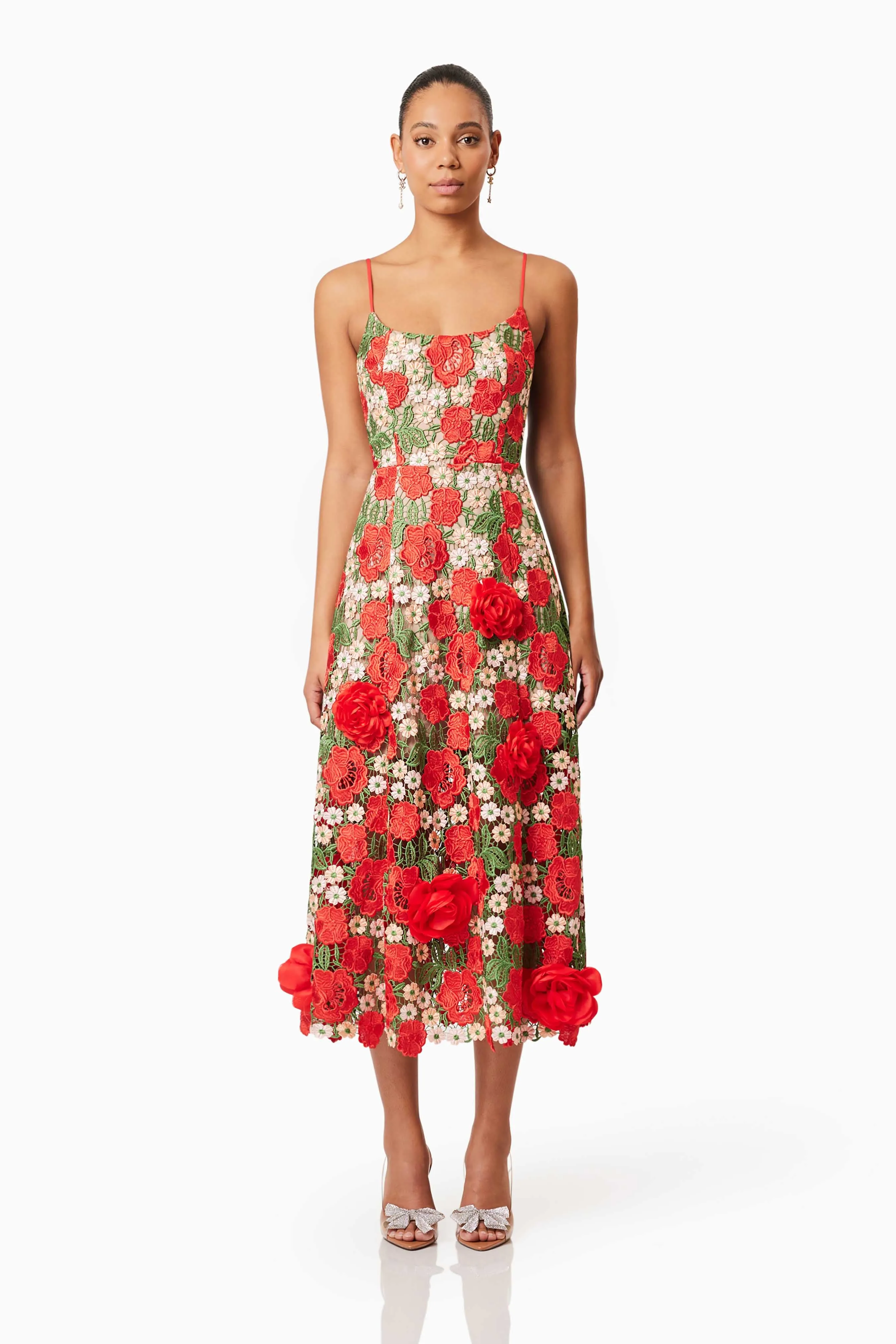 Roselyn Embroidered Midi Dress In Red sold by Elliatt