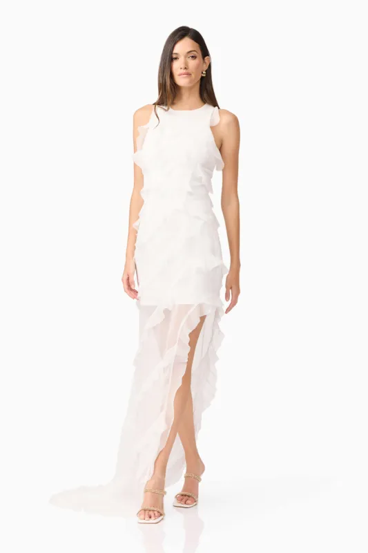Celeana Textured Sheer Maxi Dress in White sold by Elliatt