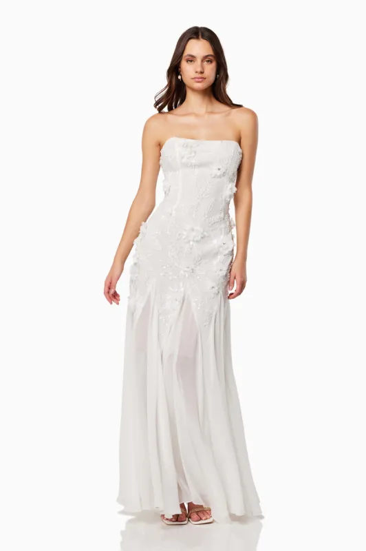 Evadne Strapless Maxi Gown In White sold by Elliatt